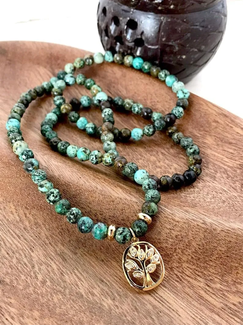 Natural African turquoise 6mm 108 Mala Beads, Spiritual, Meditation Beads, Reiki, Japa Mala, Buddhist Prayer Beads, Yoga Bracelet, healing beads LKMALA-RRGU-1224
