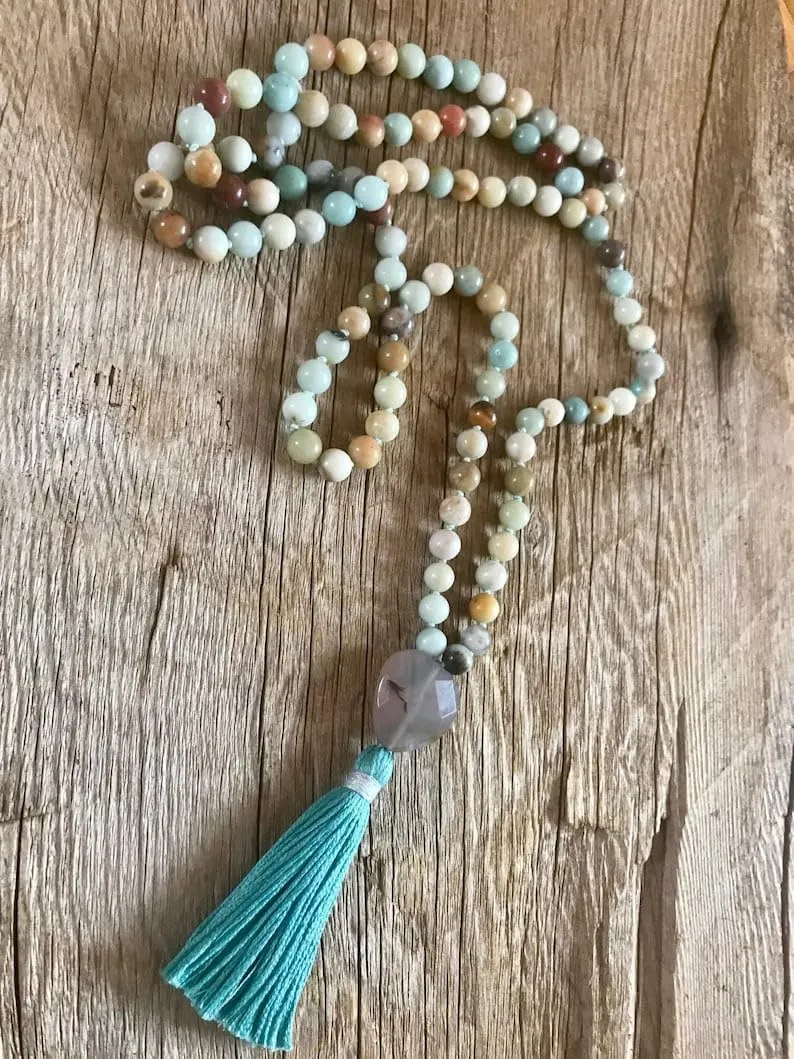 Natural Amazonite, Agate 6mm 108 Mala Beads, Spiritual, Meditation Beads, Reiki, Japa Mala, Buddhist Prayer Beads, Yoga Bracelet, healing beads LKMALA-RRGU-2689