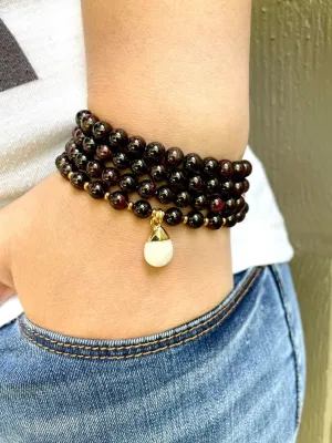 Natural Garnet and Moonstone 6mm 108 Mala Beads, Spiritual, Meditation Beads, Reiki, Japa Mala, Buddhist Prayer Beads, Yoga Bracelet, healing beads LKMALA-RRGU-3347
