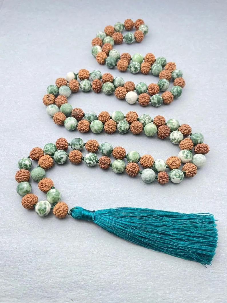 Natural Tree Agate & Rudraksha 8mm 108 Mala Beads, Spiritual, Meditation Beads, Reiki, Japa Mala, Buddhist Prayer Beads, Yoga Bracelet, healing beads LKMALA-RRGU-3615