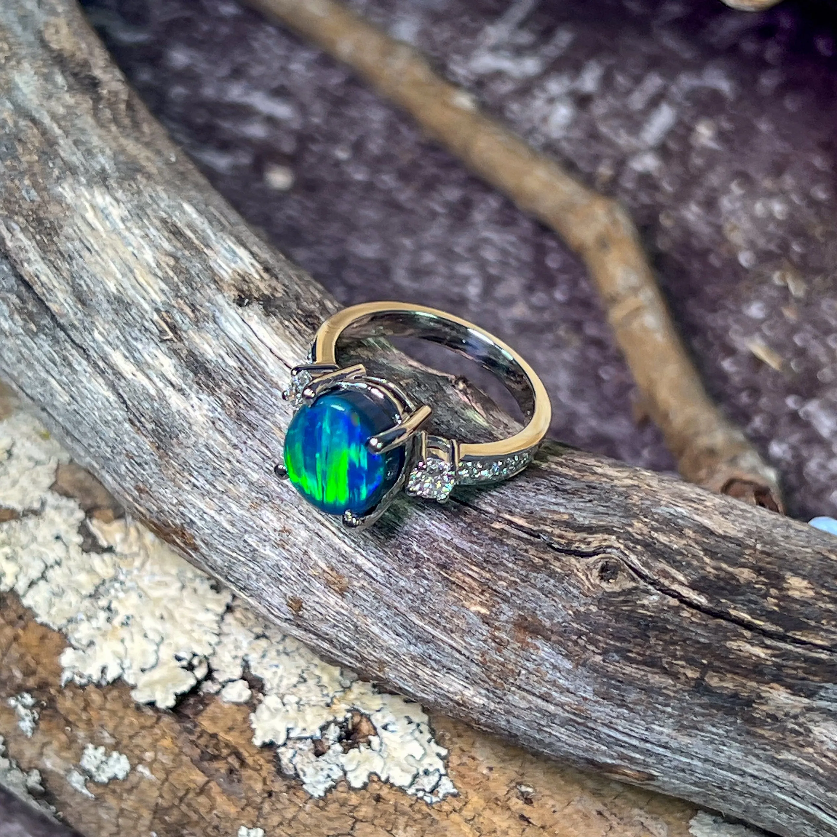 Platinum Black Opal green flash and diamond ring