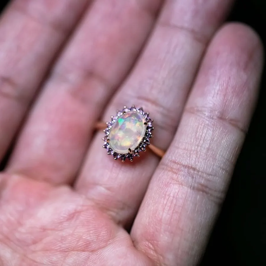Rare Faceted Mexican Fire Opal Amethyst Engagement Halo Ring 18K Yellow Gold