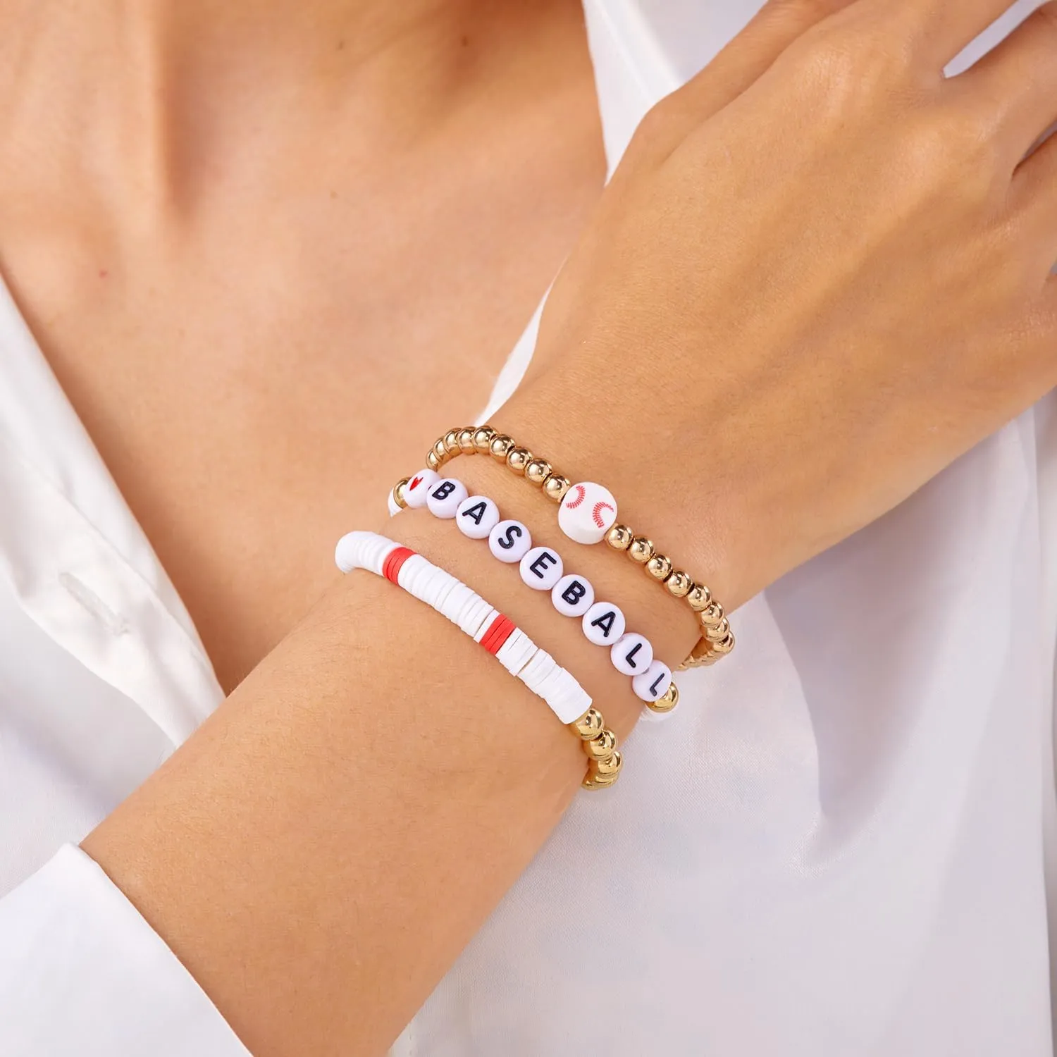 RINHOO Football Baseball Soccer Heishi Clay Beaded Bracelets Stackable Stretch Sports Theme Charm Bracelets for Women Game Day Jewelry Gifts
