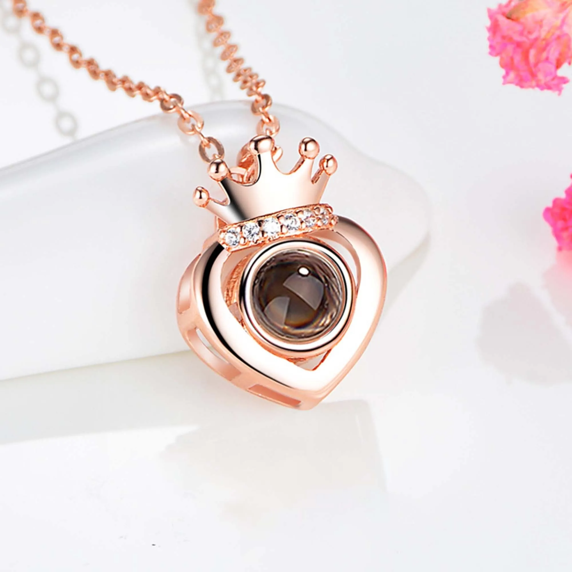 Rose Gold Silver Color 100 Languages I Love You Projection Heart Crown name Pendant Necklace Romantic Memory
