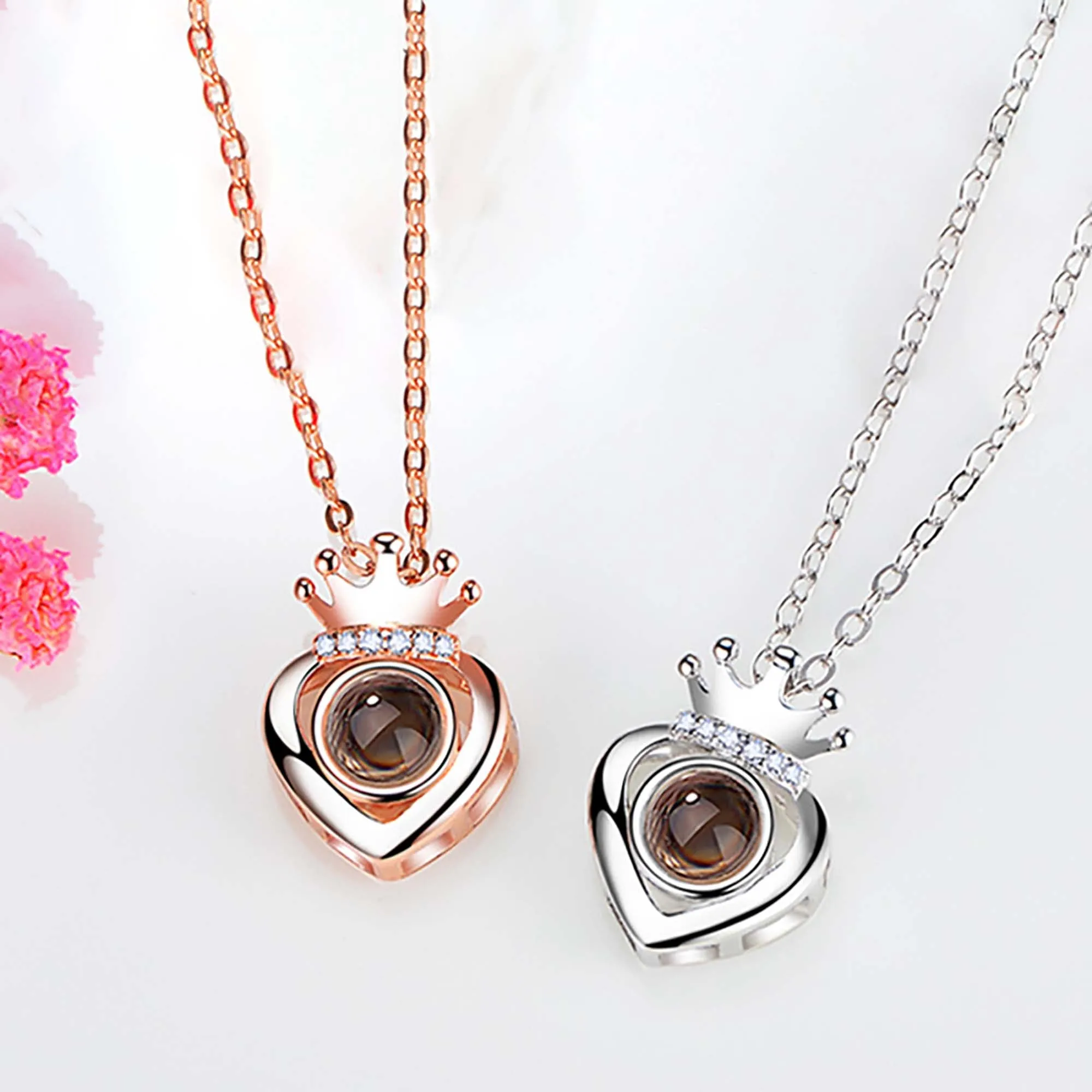 Rose Gold Silver Color 100 Languages I Love You Projection Heart Crown name Pendant Necklace Romantic Memory