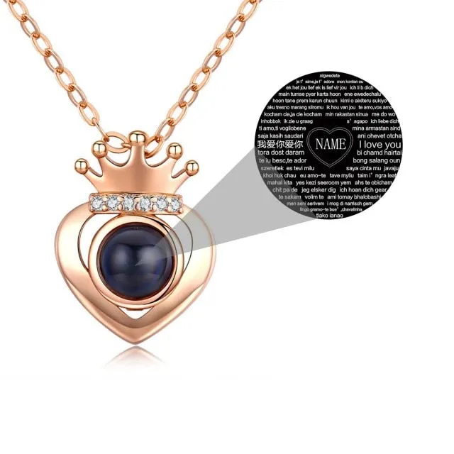 Rose Gold Silver Color 100 Languages I Love You Projection Heart Crown name Pendant Necklace Romantic Memory