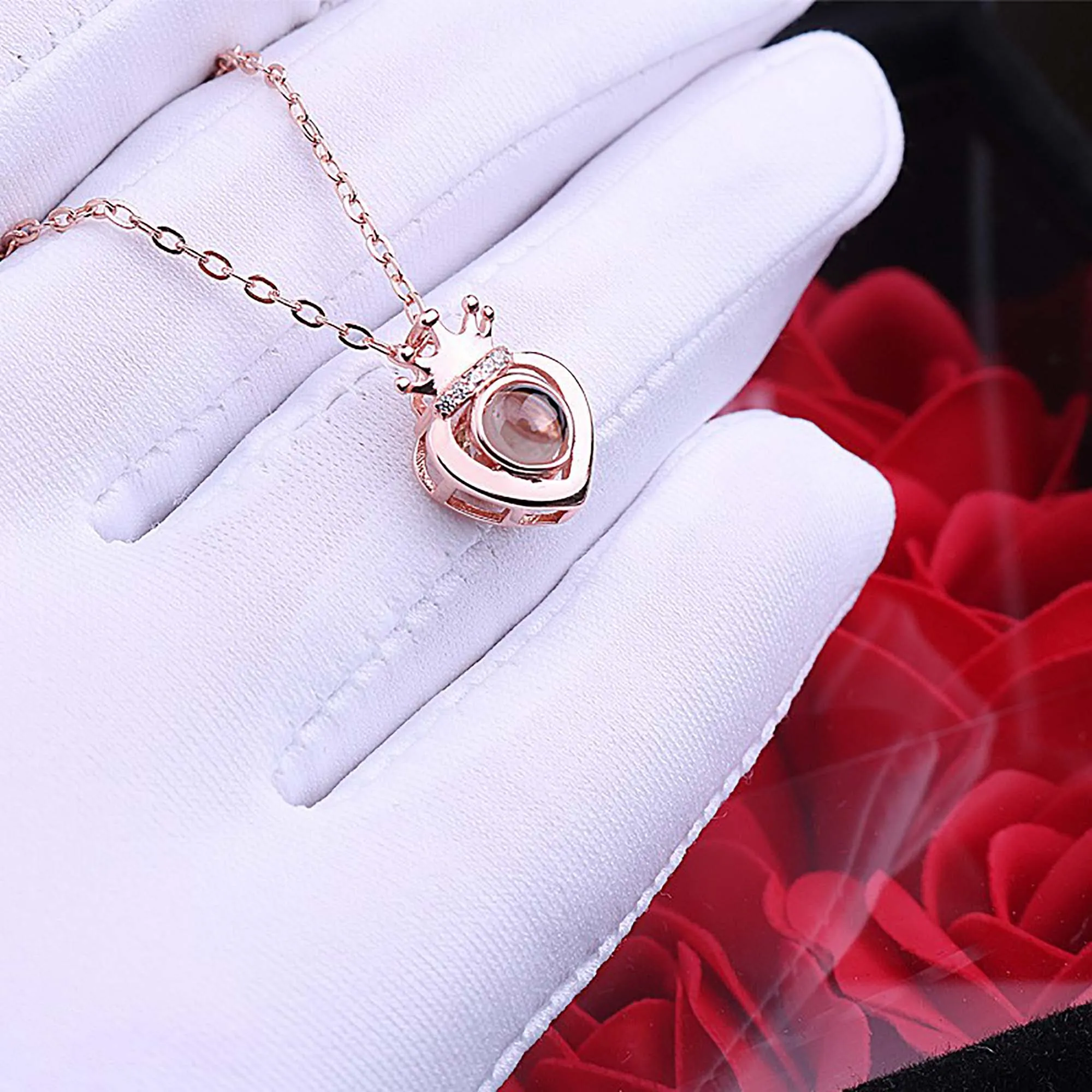 Rose Gold Silver Color 100 Languages I Love You Projection Heart Crown name Pendant Necklace Romantic Memory