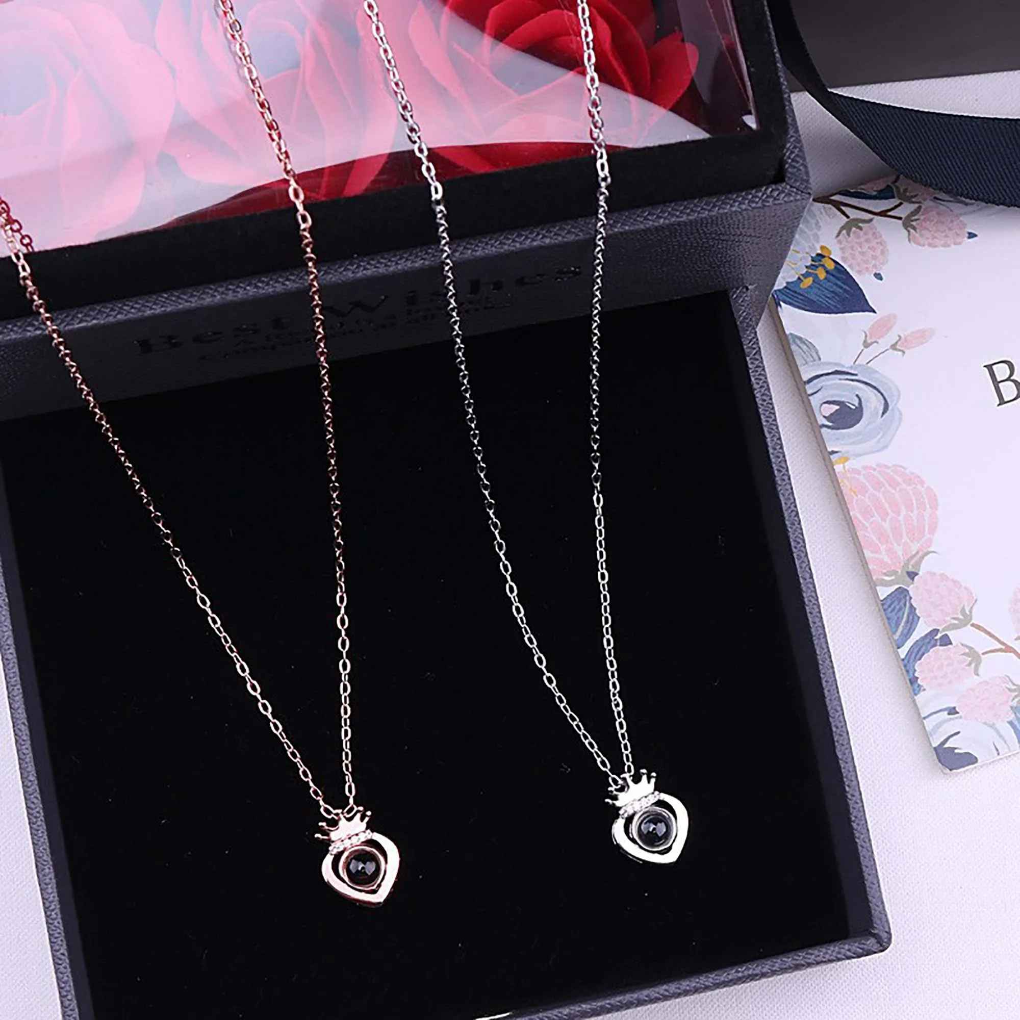Rose Gold Silver Color 100 Languages I Love You Projection Heart Crown name Pendant Necklace Romantic Memory