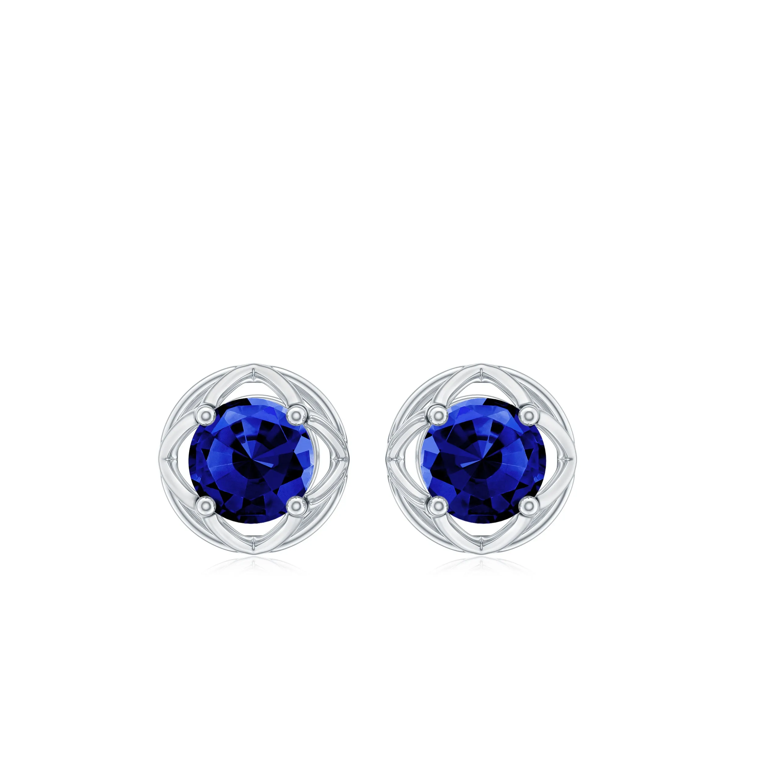 Round Cut Created Blue Sapphire Solitaire Floral Stud Earrings