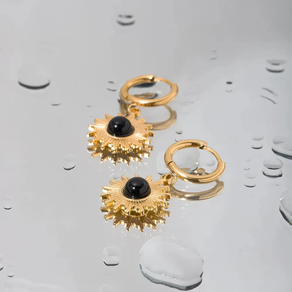 Stainless Steel 18K Gold Plated Black Agate Pendant Earrings