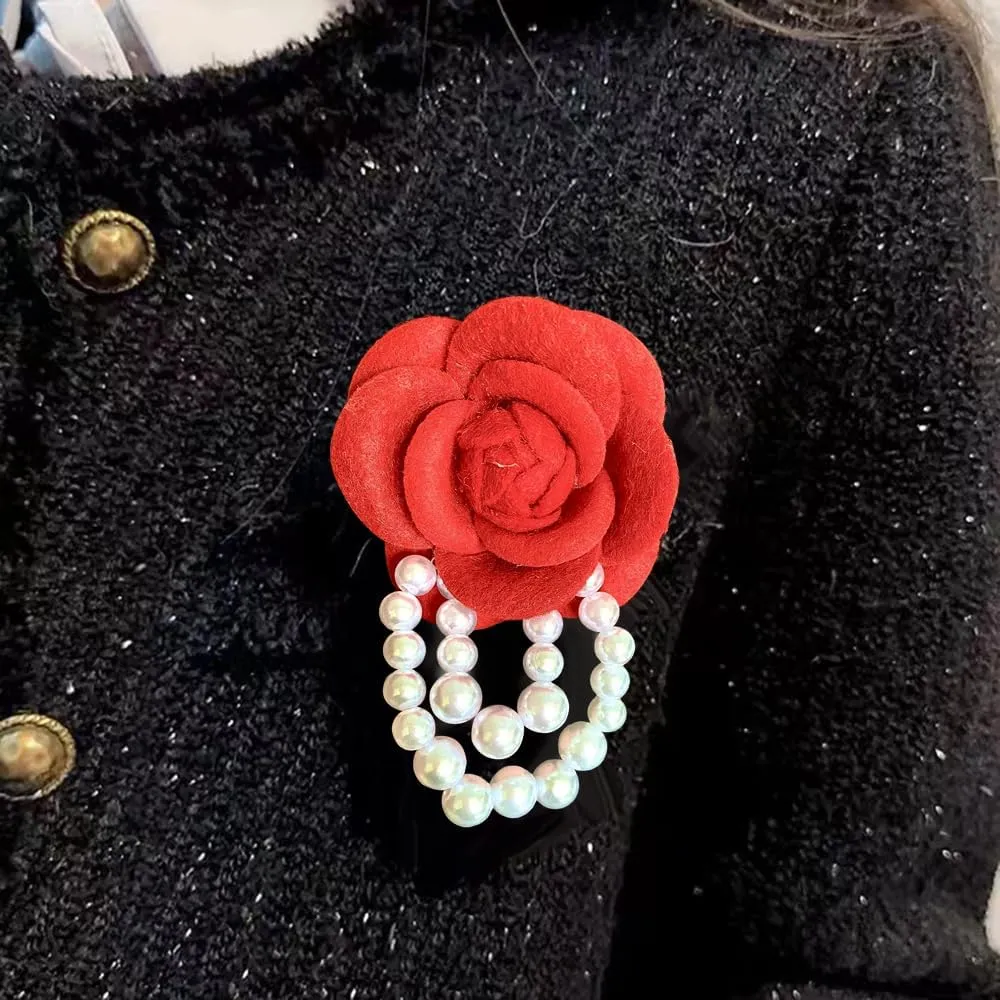 Vintage White Flower Brooches Elegant Red Flower Pearl Tassel Brooches Shawl Lapel Pins Dress Suit Clothes Safety Pins Hairpin Headpieces Wedding Party Jewelry Accessories